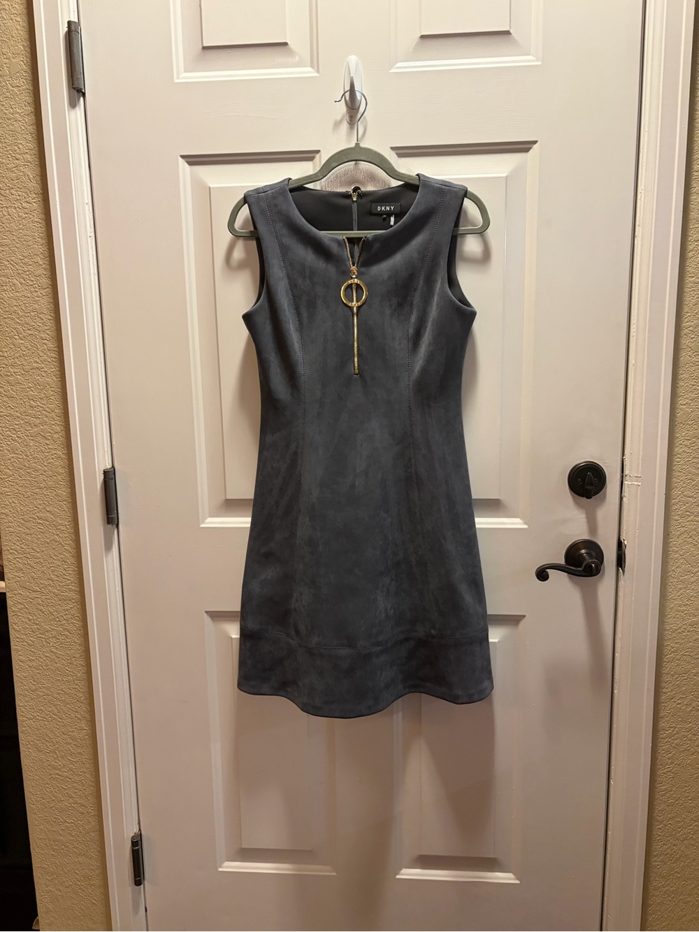 DKNY Slate Gray Sleeveless Suede-Texture Shift Dress with Gold Ring Zipper